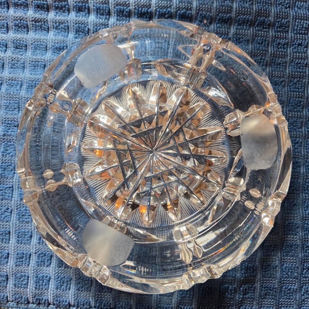 Vtg European Lead Crystal Ashtray Brilliant Conical-Cut Sunburst 3 Satin Rests